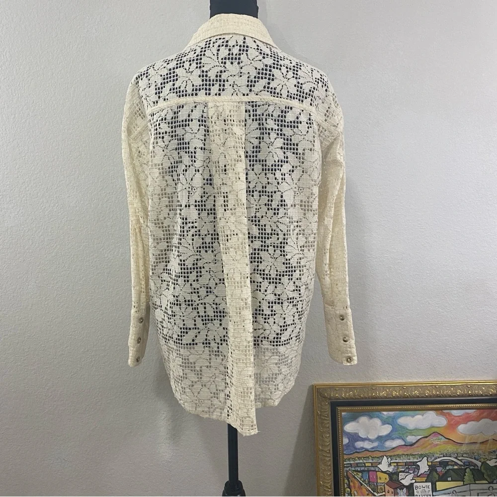 Free People Beige Lace Button-Down‎ Shirt